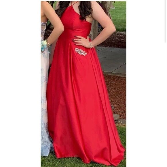 Blondie Nites Red Satin Halter & Gem Pockets Prom Evening Dress Gown Sz 11 - Picture 5 of 8
